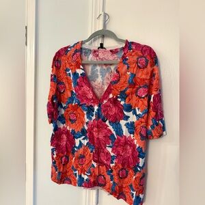 Talbots Floral V-Neck Blouse - Pink and Orange